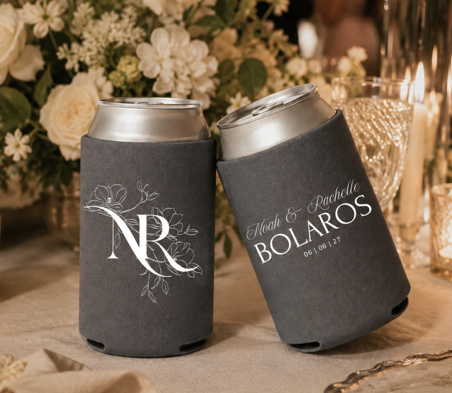 Photo of wedding can coolers, custom names,  last names and taken at the reception 