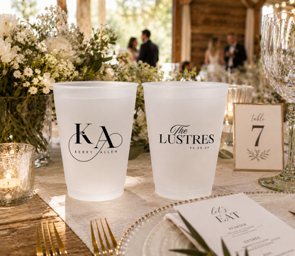 Personalized monogram wedding frosted cups featuring custom initials family name and wedding date