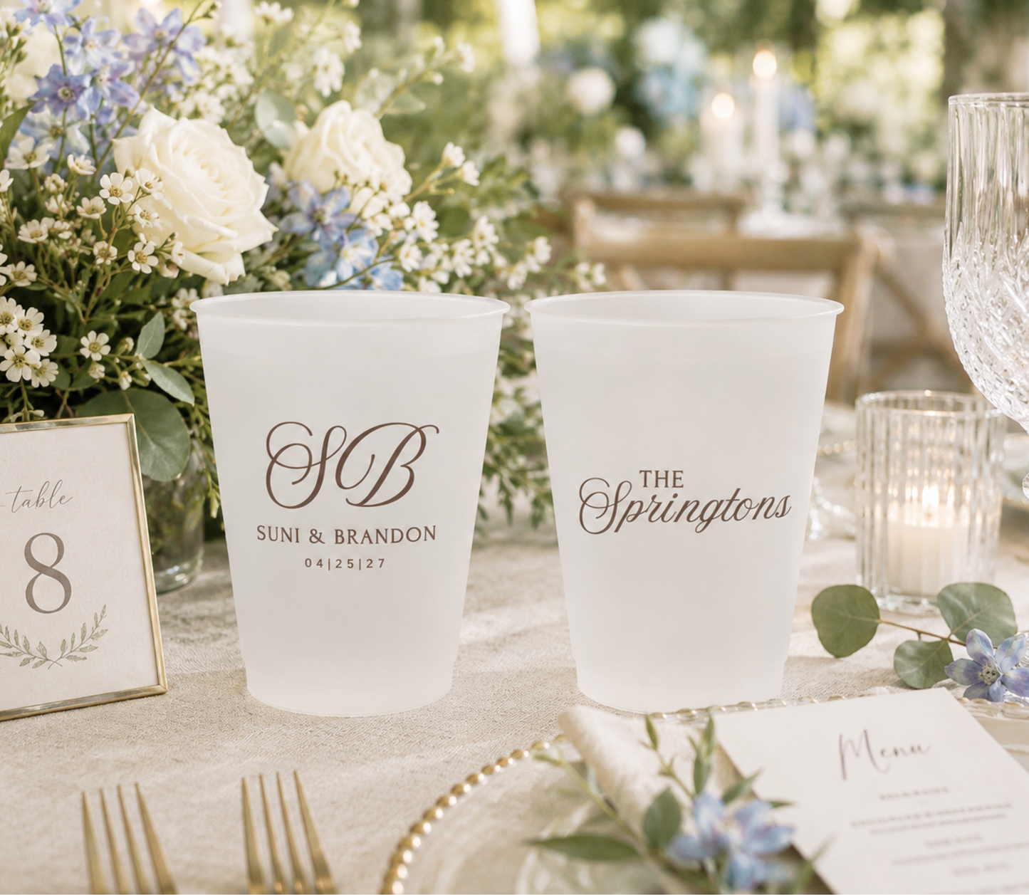Personalized monogram wedding frosted cups with custom initials names and wedding date