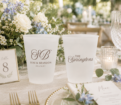 Personalized monogram wedding frosted cups with custom initials names and wedding date
