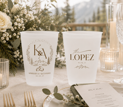 Personalized rustic monogram wedding frosted cups with custom initials wedding rings and wedding date