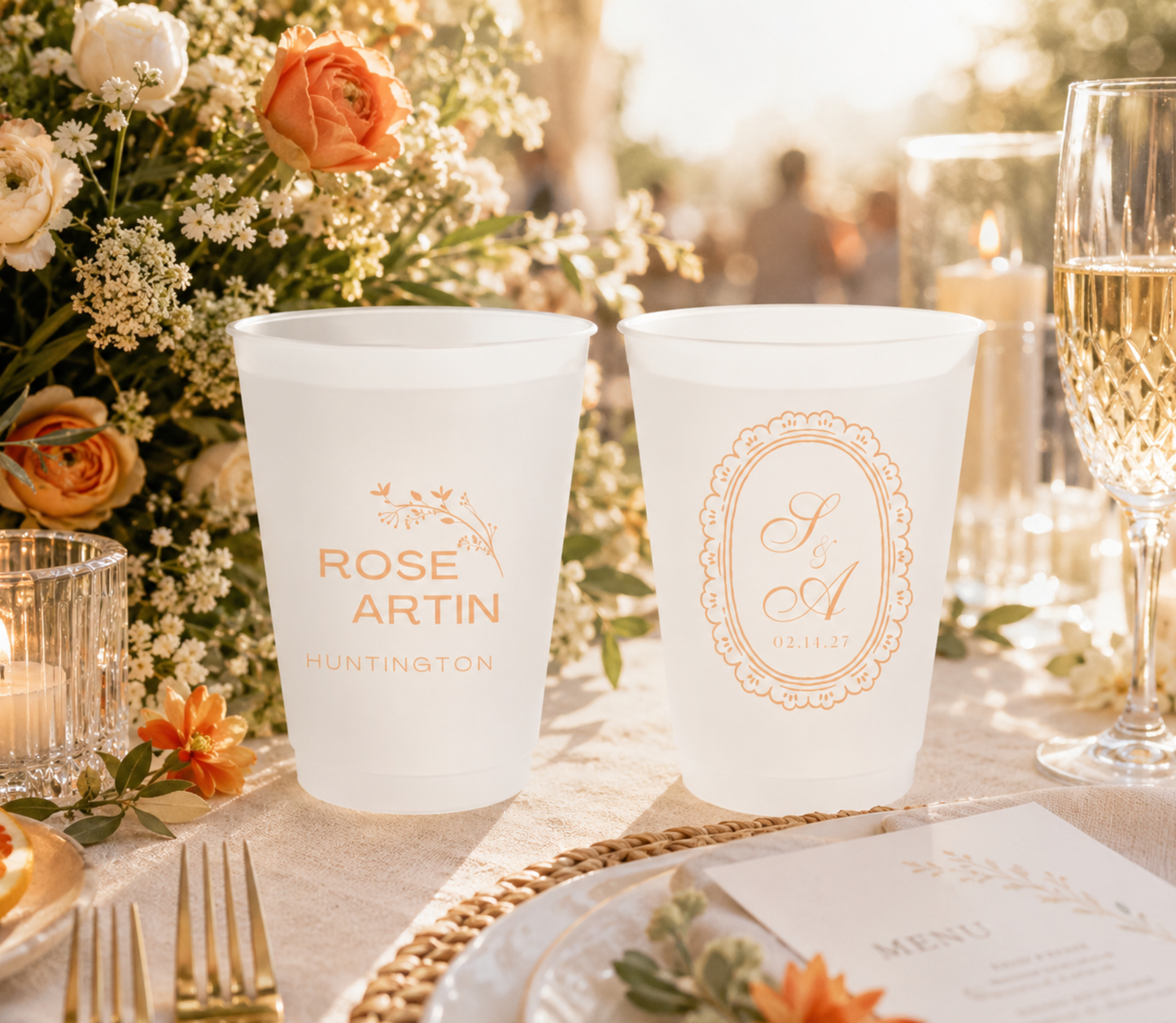 Personalized peach monogram wedding frosted cups with custom initials names wedding location and wedding date