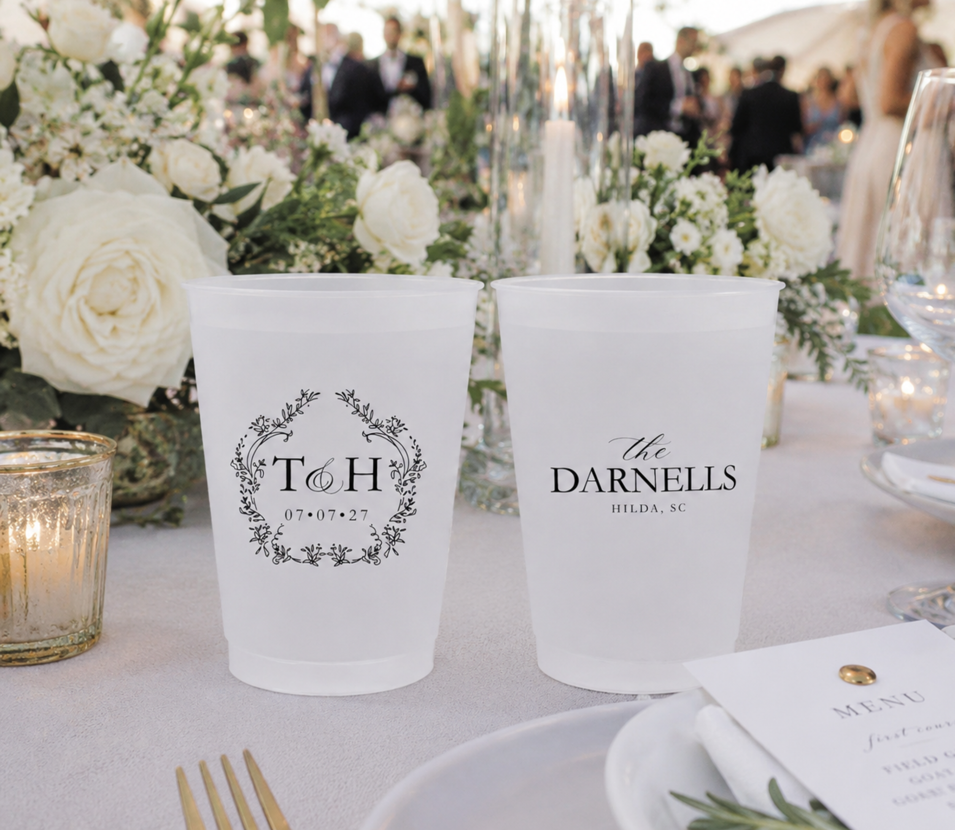 Personalized botanical monogram wedding frosted cups featuring floral wreath initials family name and wedding date