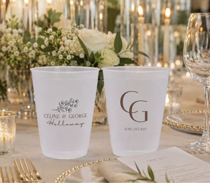 Personalized minimalist monogram wedding frosted cups featuring custom initials couple names and wedding date