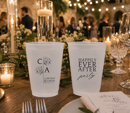 Personalized Happily Ever After Party frosted cups featuring custom initials couple names floral artwork and wedding date