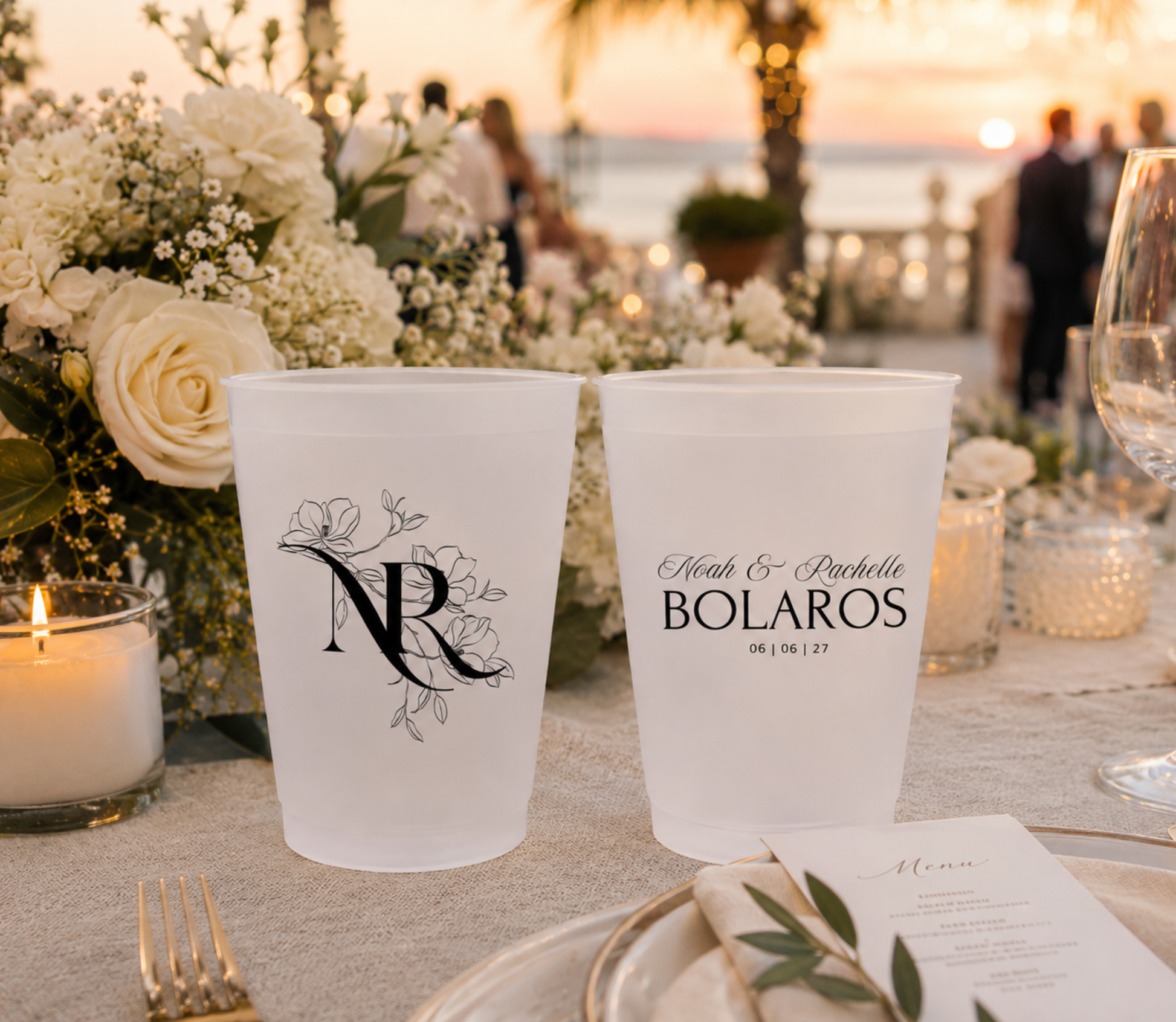 Personalized floral monogram wedding frosted cups featuring botanical artwork custom names family name and wedding date