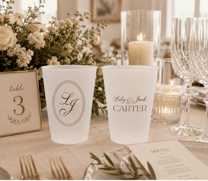 Personalized elegant monogram wedding frosted cups featuring custom initials couple names and family name