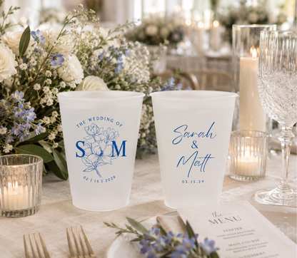 Personalized blue floral monogram wedding frosted cups with custom initials names and wedding date