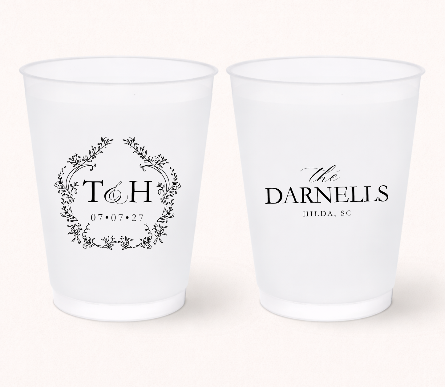 Monogram wedding frosted cups with floral crest design
Elegant personalized wedding cups
Classic wedding frosted cups with initials
Garden wedding drinkware with floral wreath illustration
Custom wedding monogram cups with wedding date
Southern wedding favor frosted cups