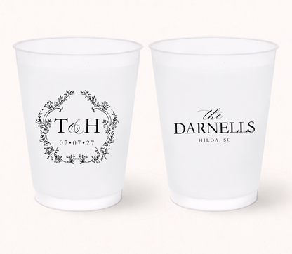 Monogram wedding frosted cups with floral crest design
Elegant personalized wedding cups
Classic wedding frosted cups with initials
Garden wedding drinkware with floral wreath illustration
Custom wedding monogram cups with wedding date
Southern wedding favor frosted cups