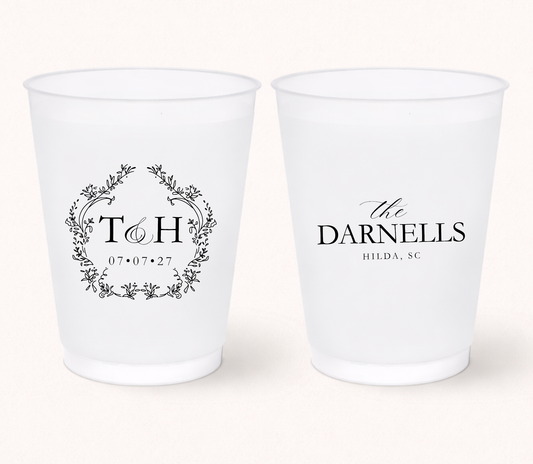 Monogram wedding frosted cups with floral crest design
Elegant personalized wedding cups
Classic wedding frosted cups with initials
Garden wedding drinkware with floral wreath illustration
Custom wedding monogram cups with wedding date
Southern wedding favor frosted cups