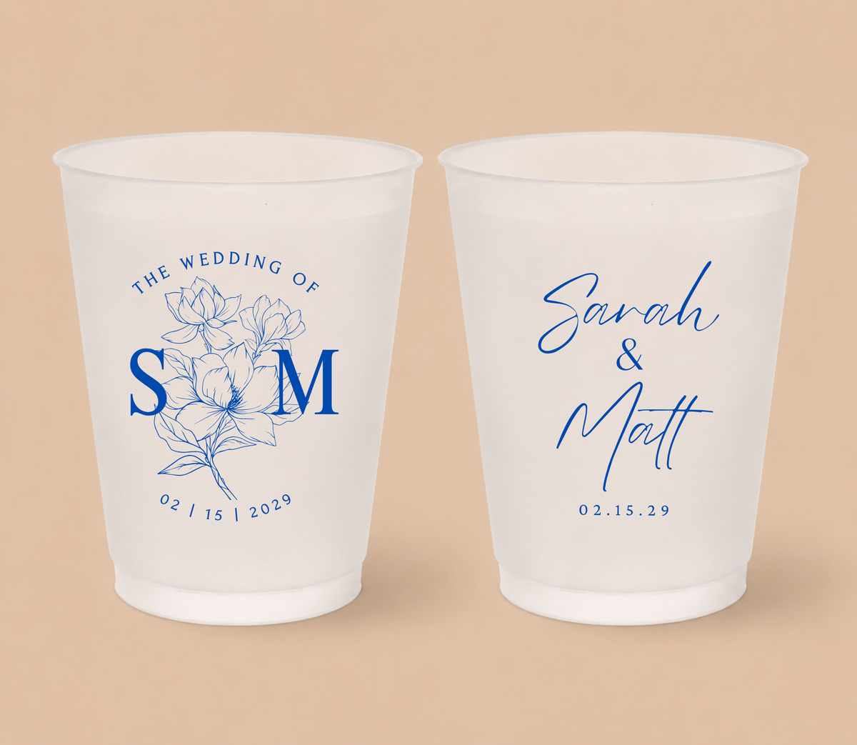 Personalized Blue Floral Wedding Frosted Cups