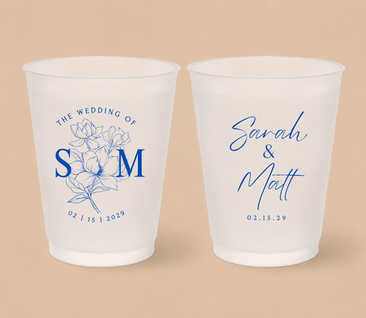 Personalized Blue Floral Wedding Frosted Cups
