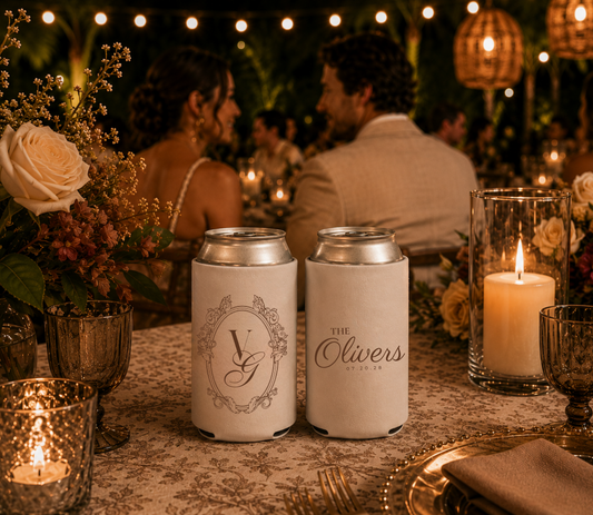 White personalized foam wedding can coolers f