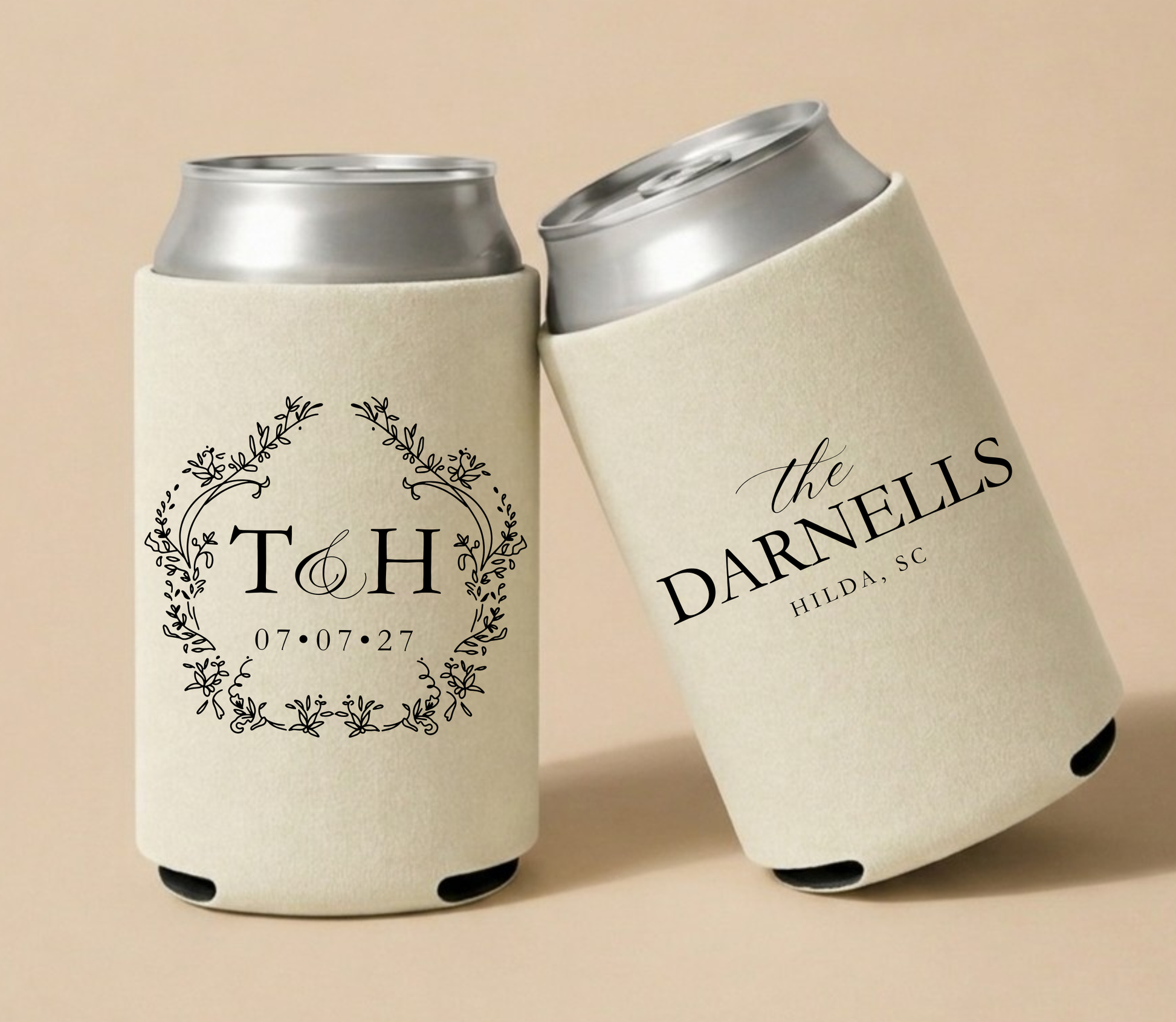 Wedding can coolers with personalized designs on a beige background