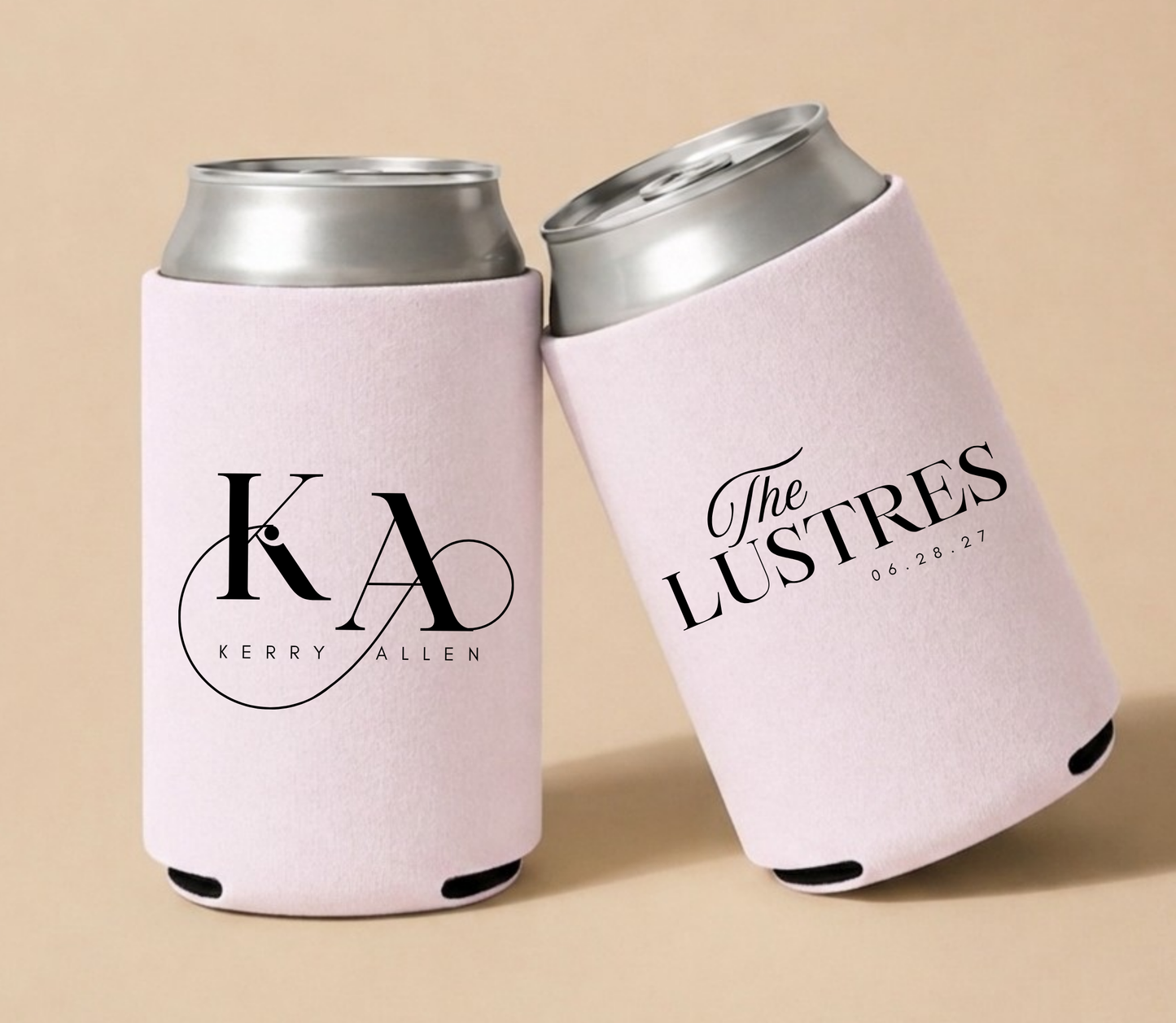 Monogram wedding Can cooler with initials on blush pink coolers with black ink 
