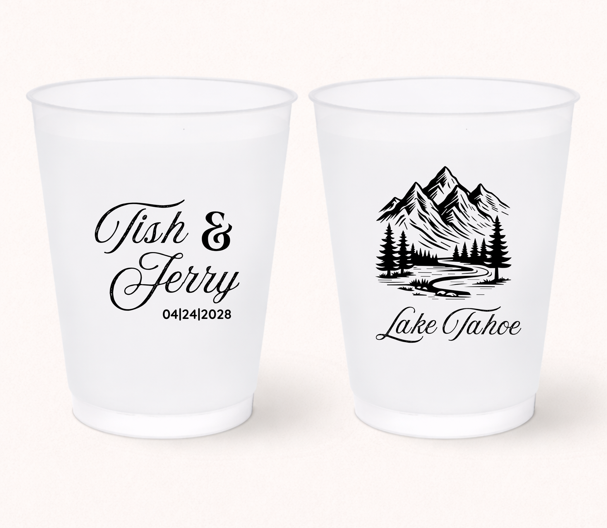 Custom mountain wedding frosted cups with mountain artwork, personalized names, destination location details, and outdoor wedding design