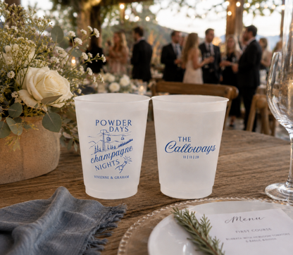 Personalized ski wedding frosted cups featuring Powder Days Champagne Nights design, ski lift artwork, custom names, and wedding date