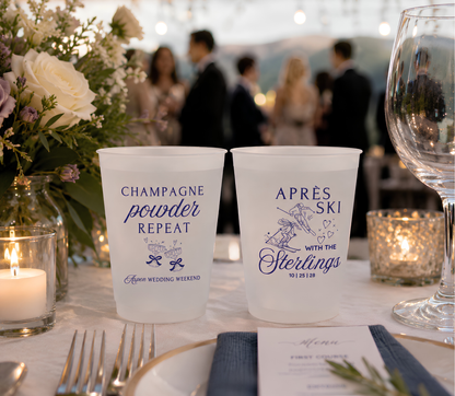 Personalized après ski wedding frosted cups featuring Champagne Powder Repeat artwork, skier illustrations, family name, and wedding date