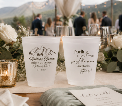 Personalized Smoky Mountain wedding frosted cups with mountain artwork, custom names, wedding date, and romantic quote