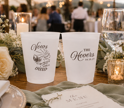 Personalized mountain wedding frosted cups featuring scenic mountain artwork, custom family name, and wedding date