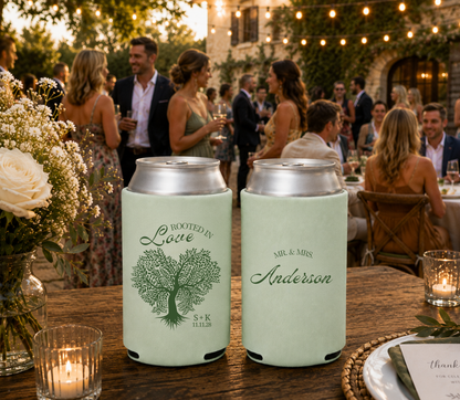 Mint green tree wedding can cooler featuring a symbolic tree illustration and personalized family name.