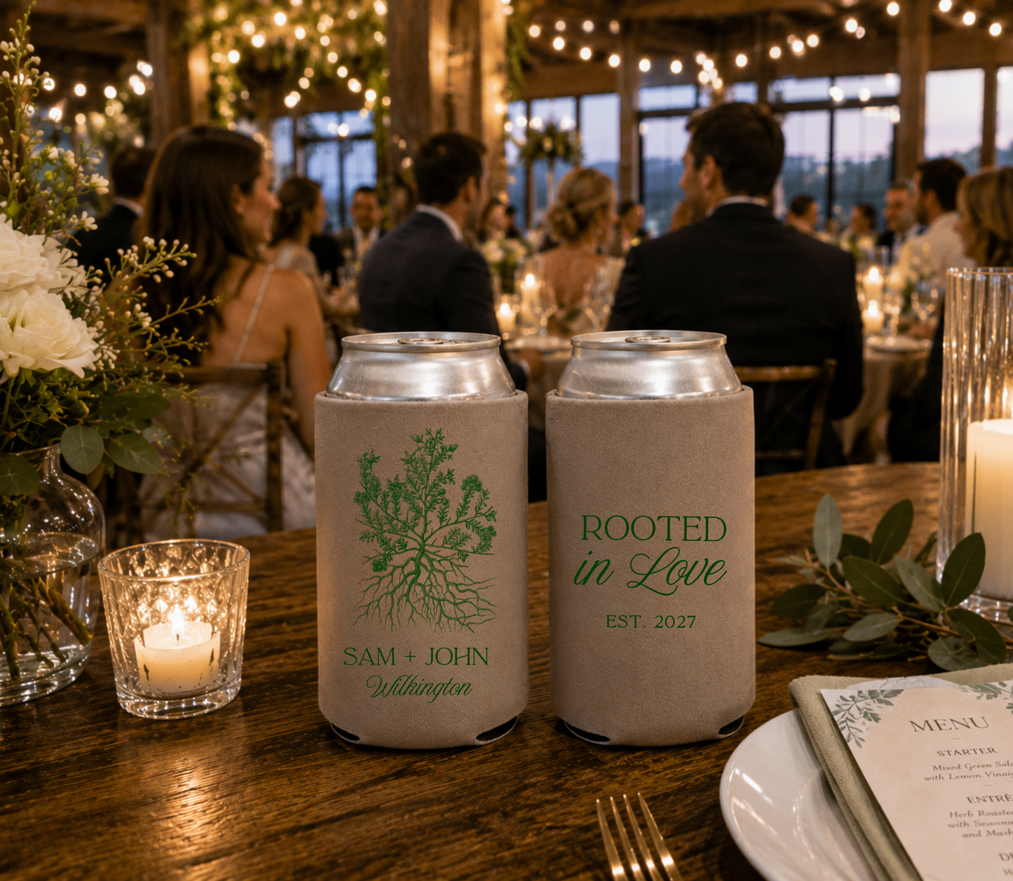 Taupe botanical wedding can cooler featuring a tree roots illustration and personalized couple names.

