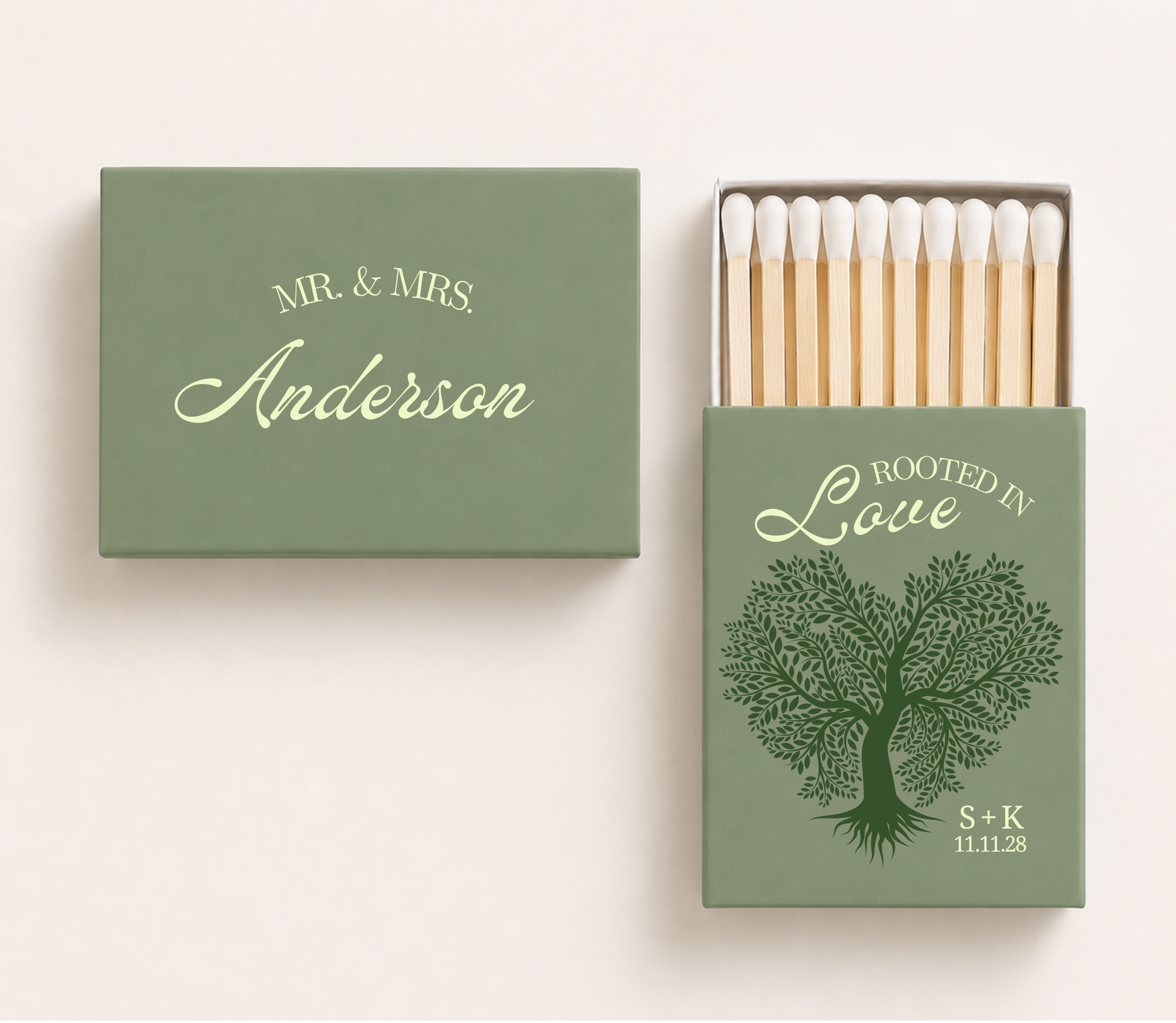 Sage green personalized Rooted in Love wedding matchboxes featuring a tree illustration, Anderson family surname, couple initials S and K, and wedding date.

Personalized botanical wedding matchbox with Rooted in Love tree illustration and custom surname.

Custom sage green wedding matchbox featuring tree artwork, initials, and wedding date.