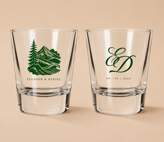 Personalized mountain wedding shot glass featuring a scenic mountain landscape illustration.

Custom outdoor wedding shot glass with mountain artwork and elegant monogram.
