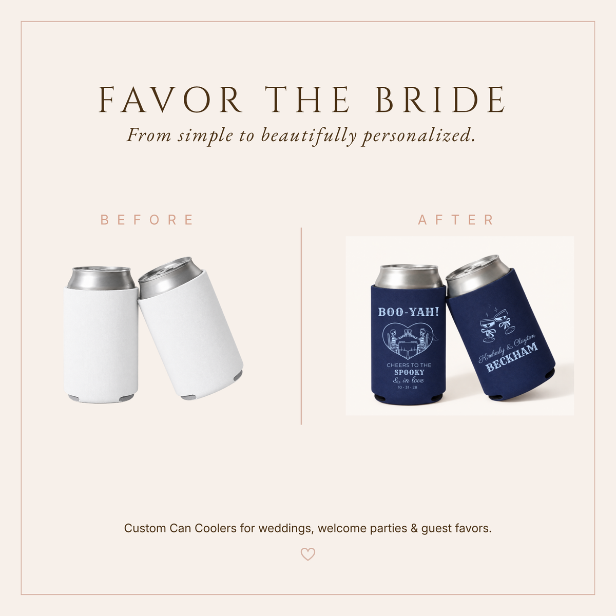 Personalized spooky wedding can coolers with custom names and date.