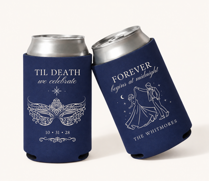 Personalized navy blue Til Death We Celebrate masquerade wedding can coolers featuring an ornate mask, Forever Begins at Midnight wording, dancing newlyweds, The Whitmores surname, and wedding date 10.31.28.