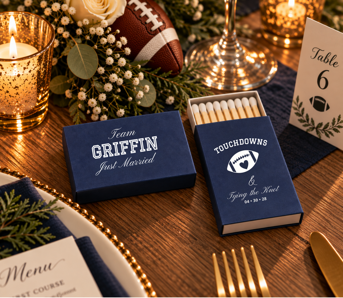 Custom sports wedding matchboxes featuring football and heart artwork with Touchdowns & Tying the Knot wording.