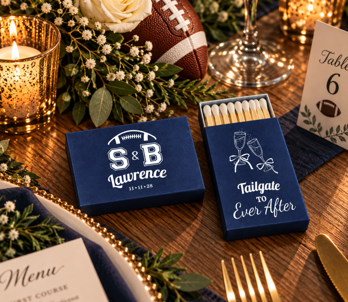 Custom sports wedding matchboxes with football-inspired initials, champagne glasses, bows, and personalized wedding details.