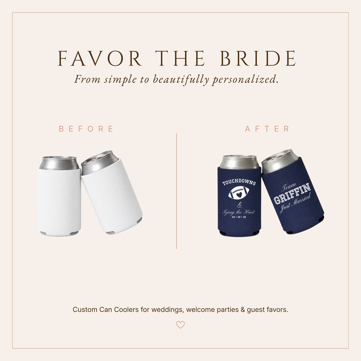 Personalized sports wedding can coolers with football and heart artwork and collegiate inspired typography.