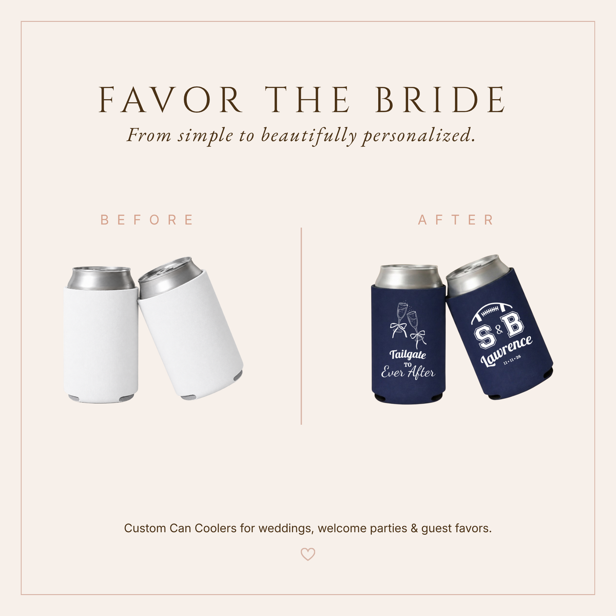 Personalized sports wedding can coolers with Tailgate To Ever After design and football inspired typography.