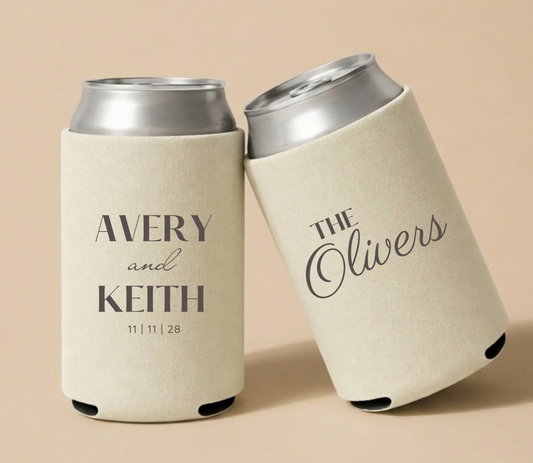 Personalized neutral beige wedding can coolers featuring Avery and Keith names with wedding date and The Olivers family name in elegant taupe gray typography.