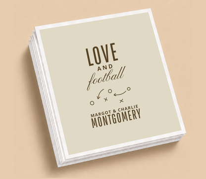 Personalized Love and Football wedding napkins featuring football playbook Xs and Os, brown lettering, neutral background, and custom couple names.