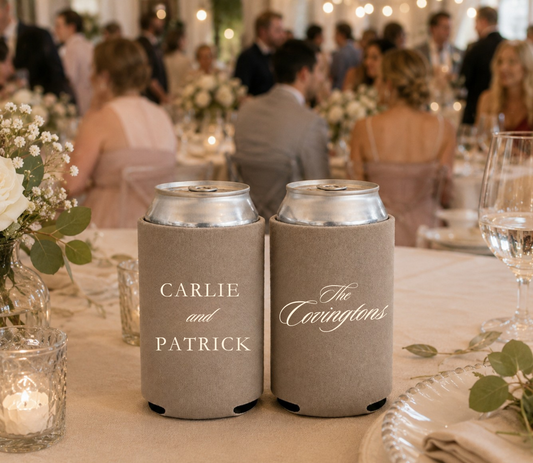 Custom taupe wedding can koozies.