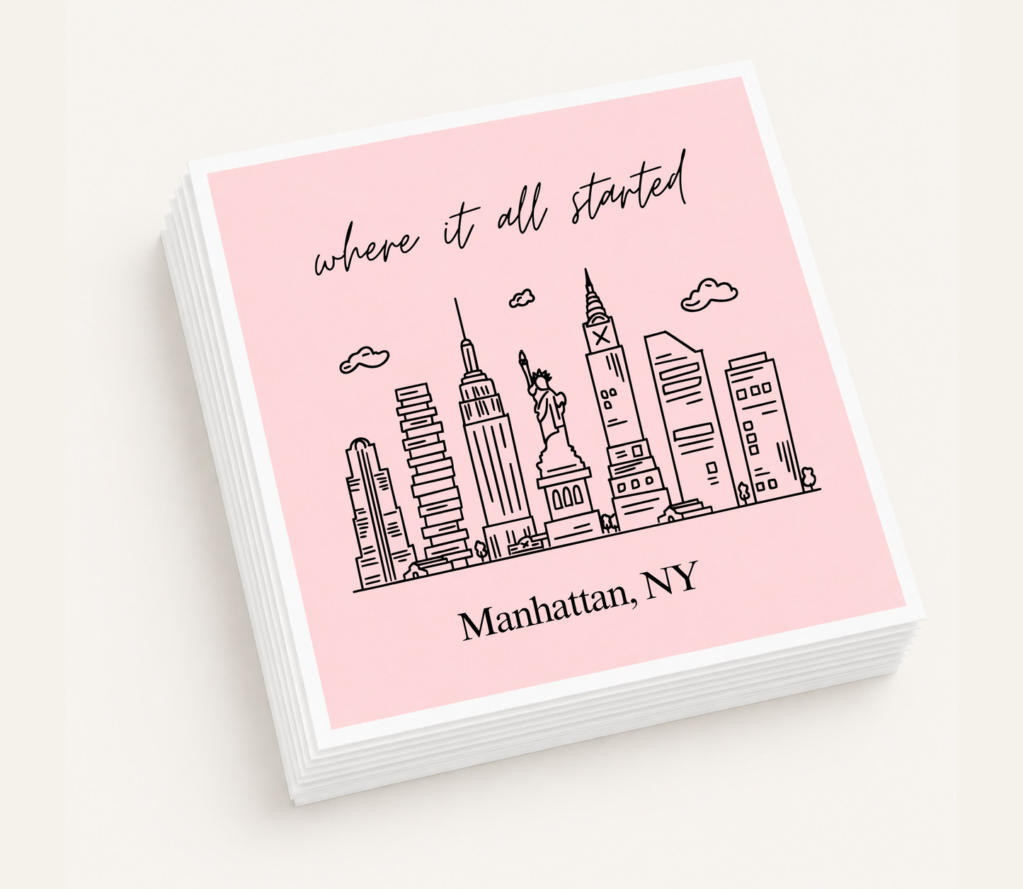Personalized Manhattan wedding cocktail napkins featuring a New York City skyline illustration and custom wording.