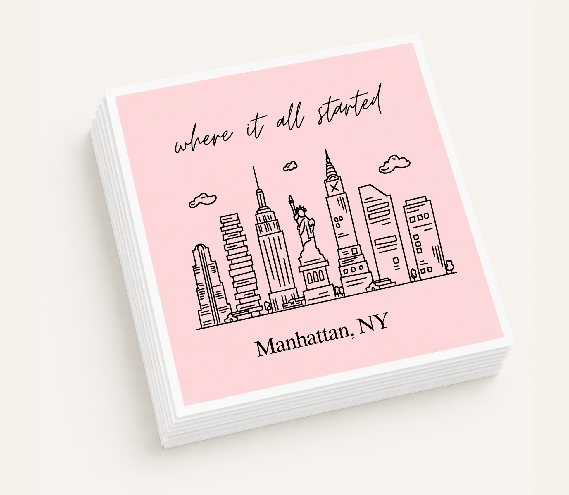 Personalized Manhattan wedding cocktail napkins featuring a New York City skyline illustration and custom wording.