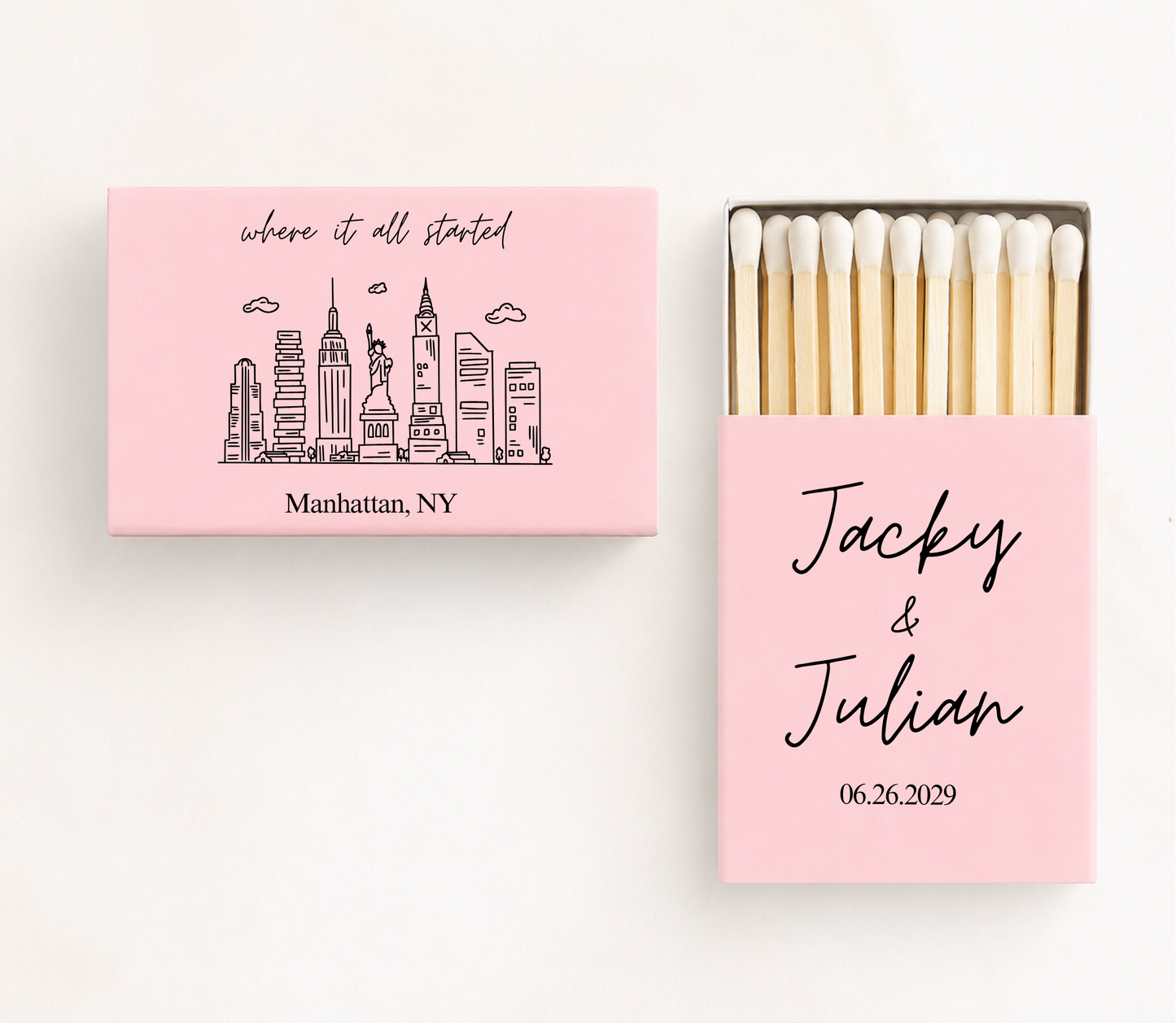 Personalized New York wedding matchboxes featuring custom couple names, wedding date, and Manhattan skyline illustration with "Where It All Started" design.