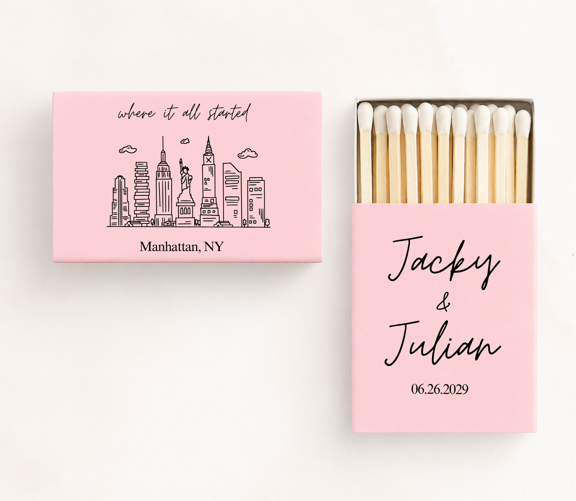 Personalized New York wedding matchboxes featuring custom couple names, wedding date, and Manhattan skyline illustration with "Where It All Started" design.