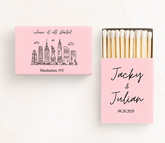Personalized New York wedding matchboxes featuring custom couple names, wedding date, and Manhattan skyline illustration with "Where It All Started" design.