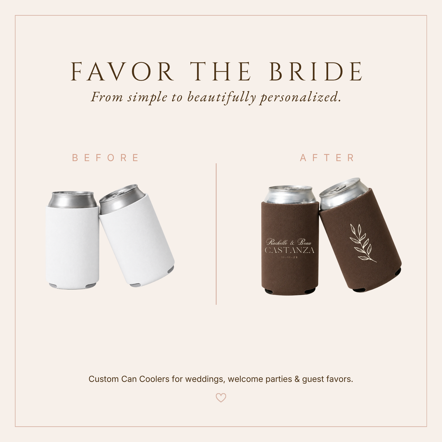 Personalized Brown Botanical Wedding Can Coolers