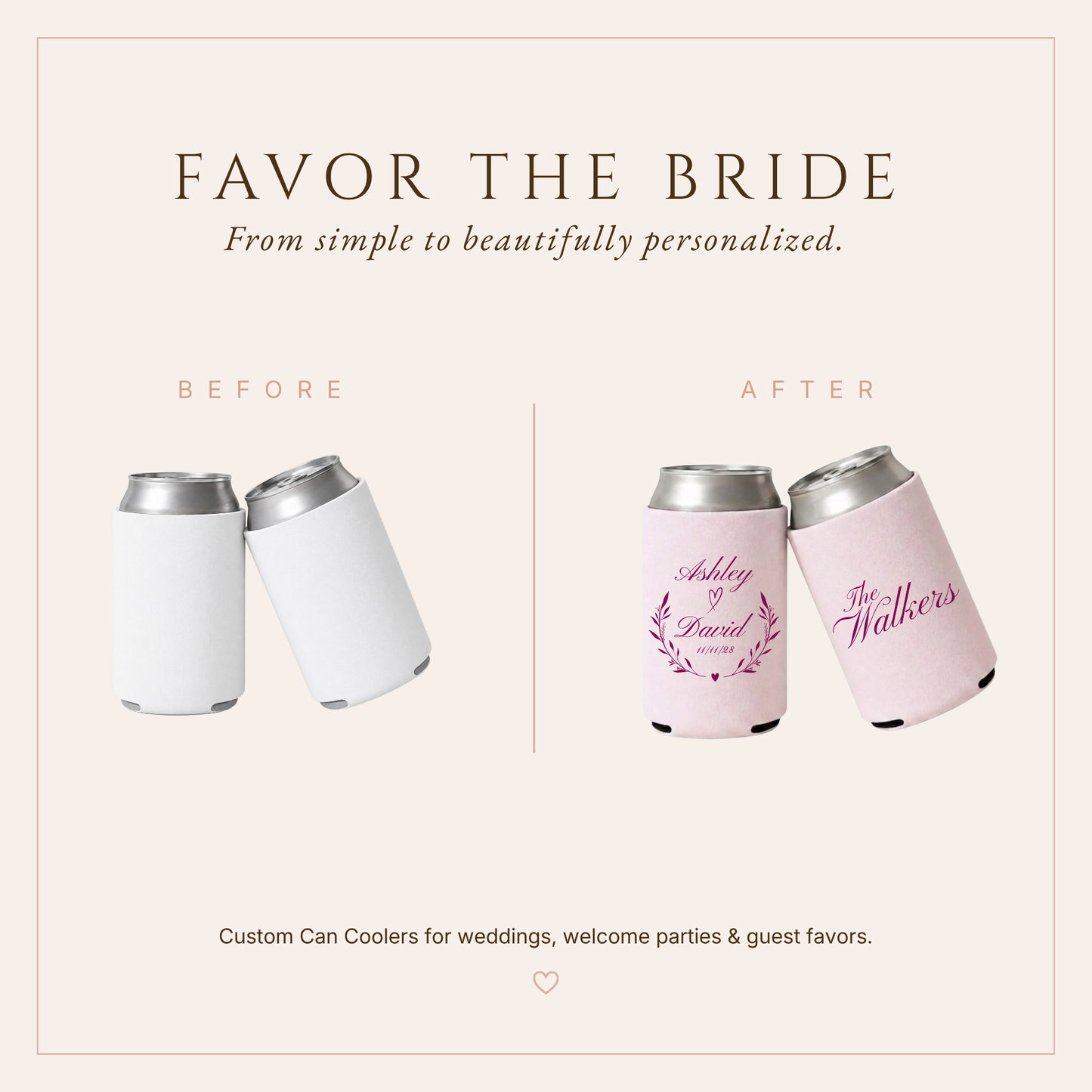 Personalized Blush Pink Botanical Wedding Can Coolers