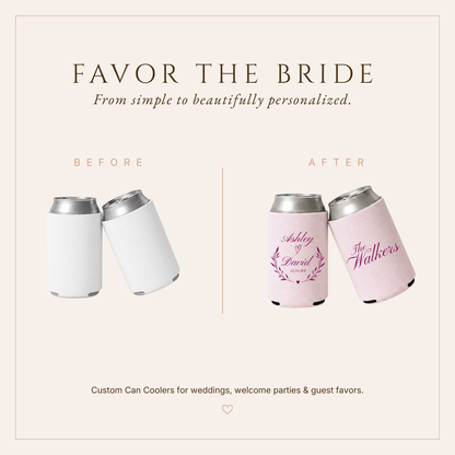 Personalized Blush Pink Botanical Wedding Can Coolers