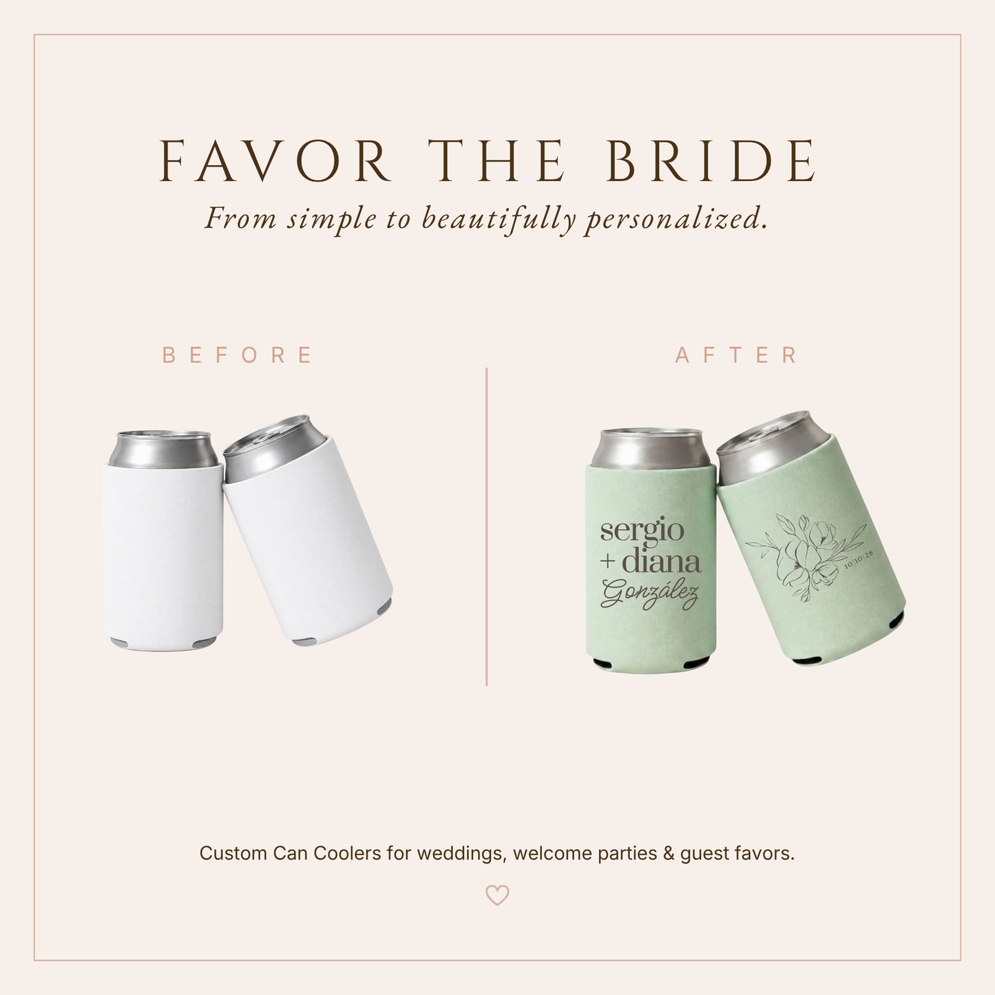 Personalized Sage Green Floral Wedding Can Coolers