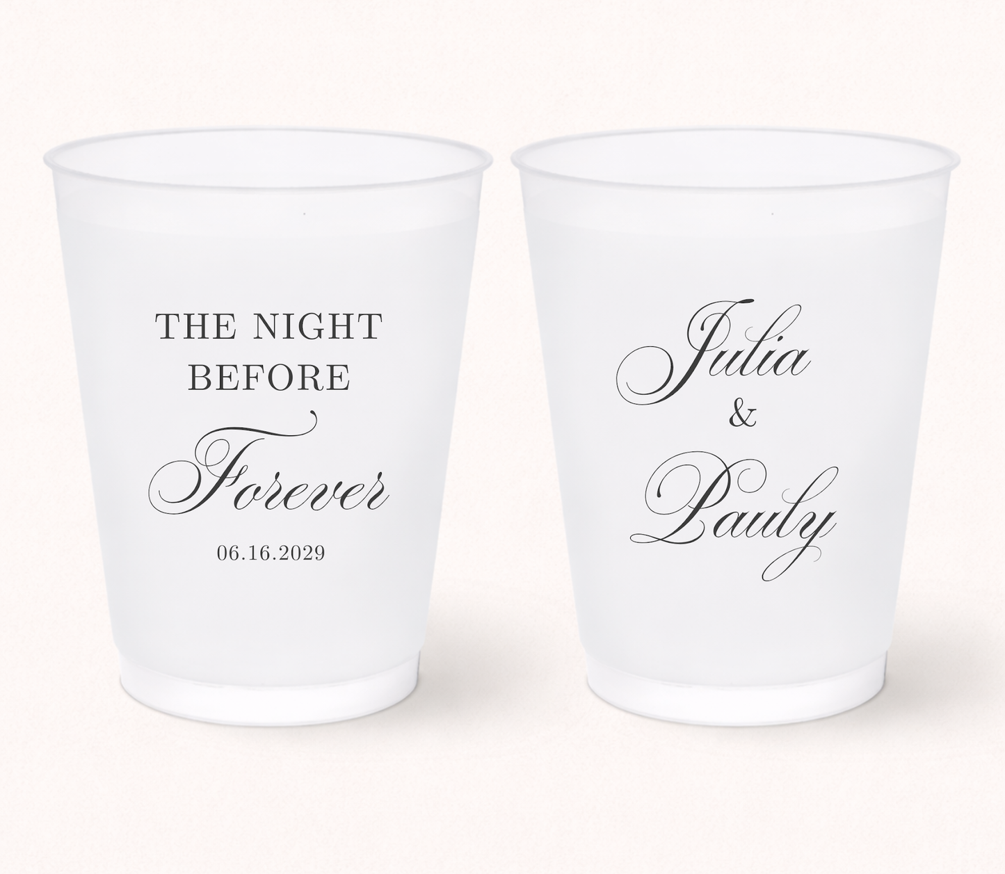 The night before forever wedding frosted cups
Personalized rehearsal dinner wedding cups
Custom wedding weekend frosted cups
Elegant script wedding favor cups