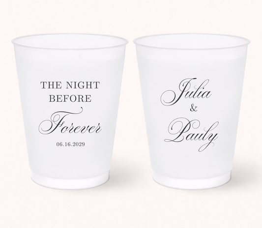 The night before forever wedding frosted cups
Personalized rehearsal dinner wedding cups
Custom wedding weekend frosted cups
Elegant script wedding favor cups