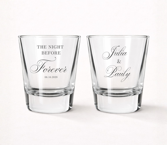The Night Before Forever personalized shot glasses
Custom wedding shot glasses with couple names
Personalized rehearsal dinner shot glasses
Wedding welcome party favor shot glasses
Elegant wedding keepsake shot glasses
Pre wedding celebration shot glasses